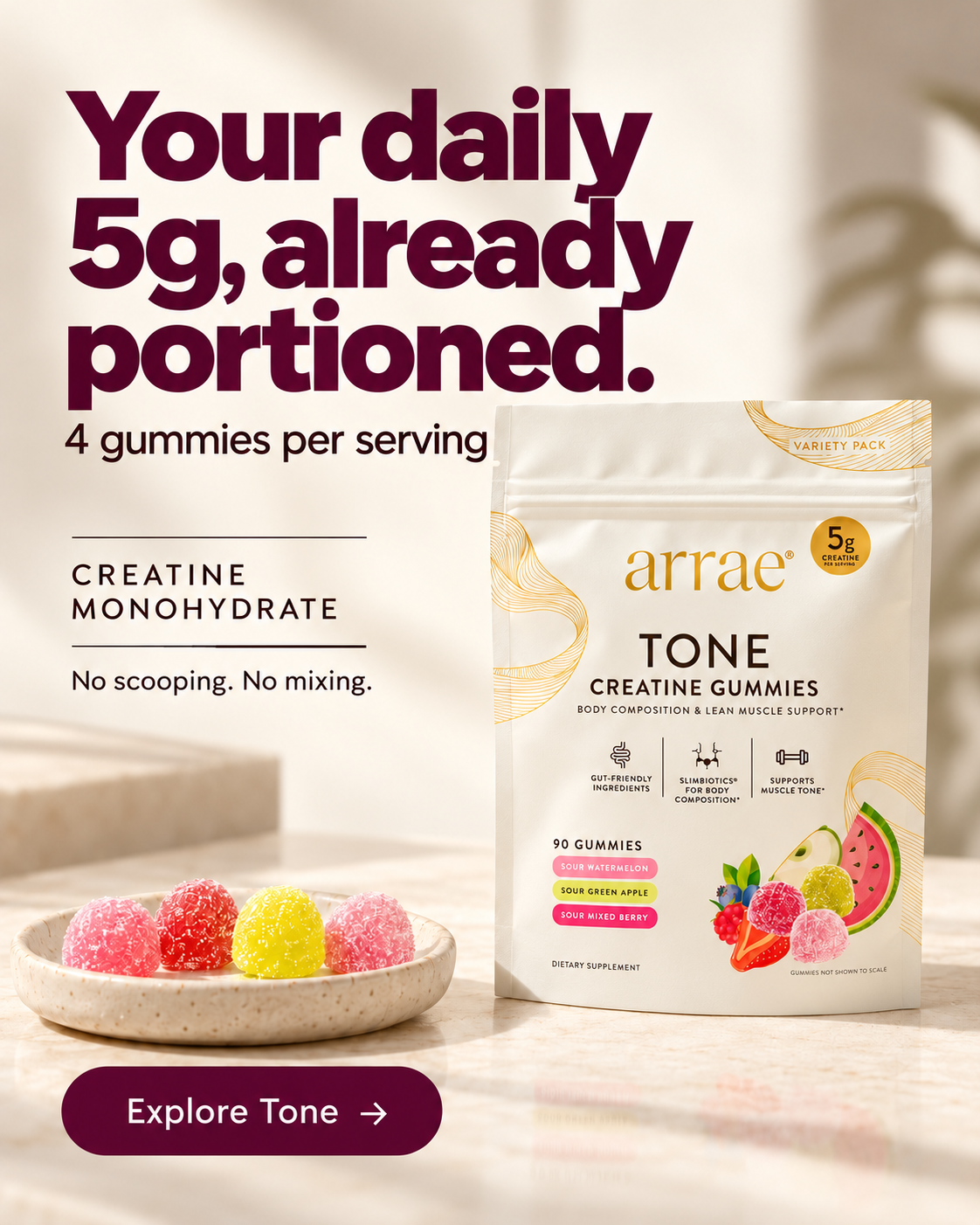 arrae Tone static ad: Your daily 5g, already portioned.