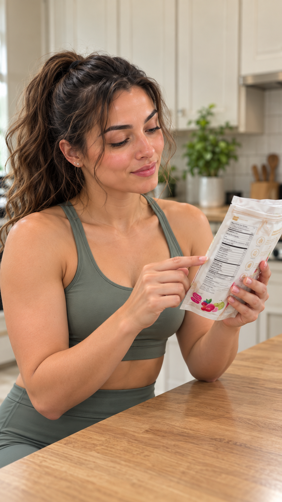 Creator turns the Tone pouch over and reads its ingredient list, following the label with her finger. Cut between her interested expression and the ingredient panel.
